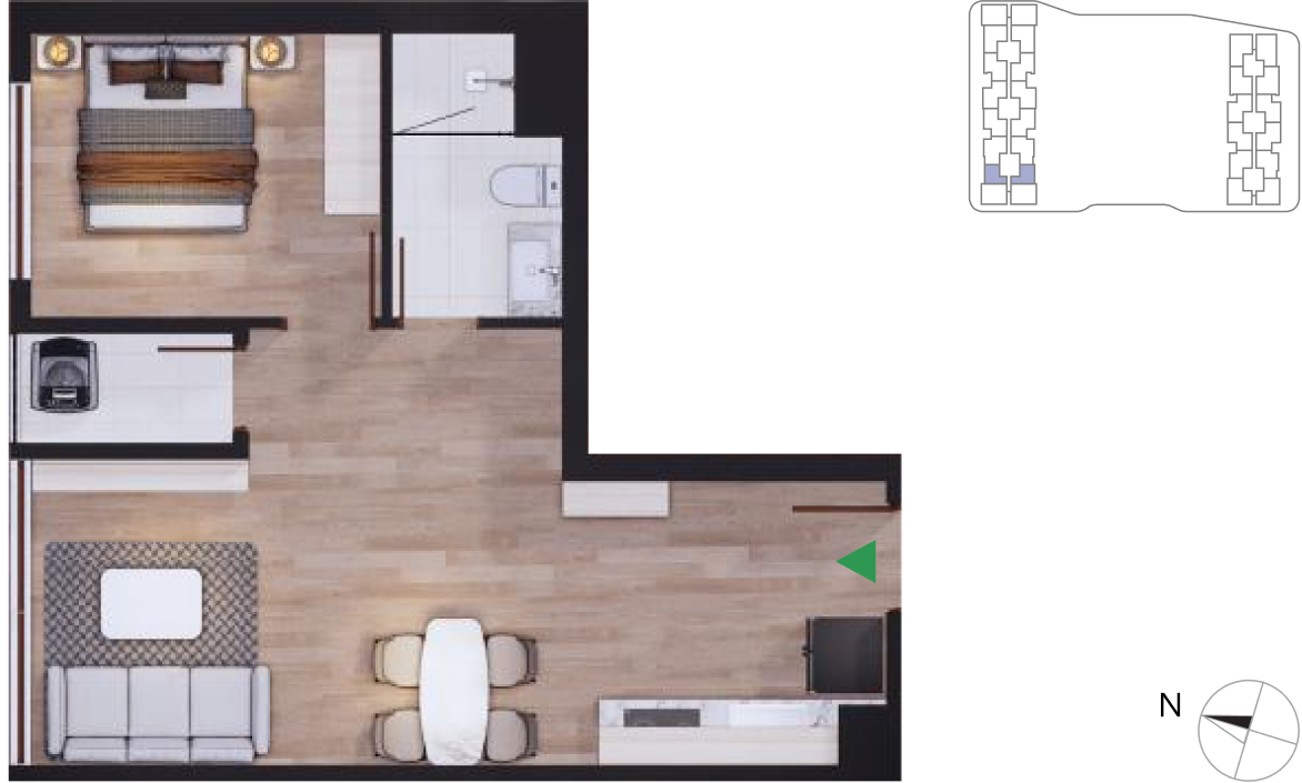 Mặt bằng căn hộ 1 phòng ngủ Tháp Bắc 03 và 06