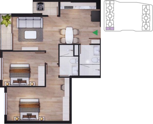 Mặt bằng căn hộ 2 phòng ngủ Corner Tháp Bắc 04 và 05