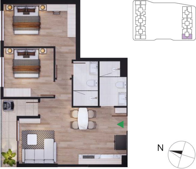 Mặt bằng căn hộ 2 phòng ngủ Corner Tháp Nam 03 và 04