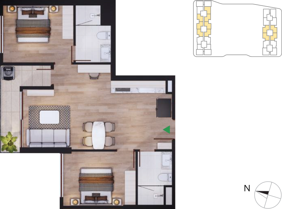 Mặt bằng căn hộ 2 phòng ngủ Harmonie Tháp Bắc và Tháp Nam