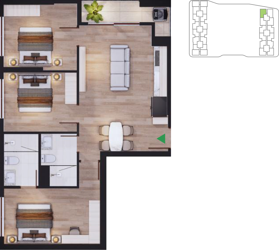 Mặt bằng căn hộ 3 phòng ngủ Tháp Nam 09
