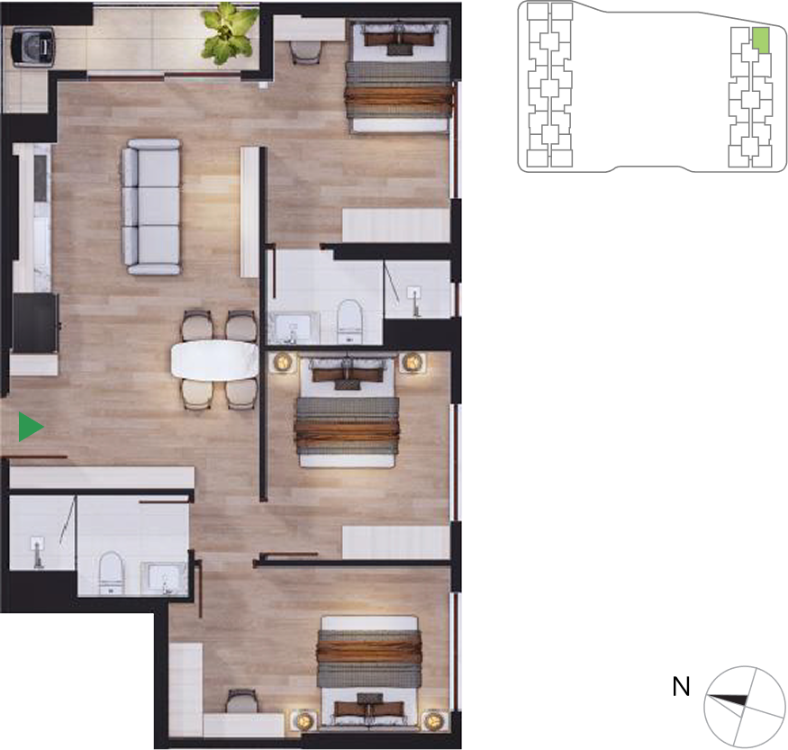 Mặt bằng căn hộ 3 phòng ngủ Tháp Nam 10